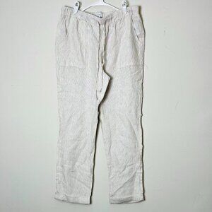 Kenar Pants Women's Large White Stripes  100% Linen Leg Elastic Waist Lounge‎